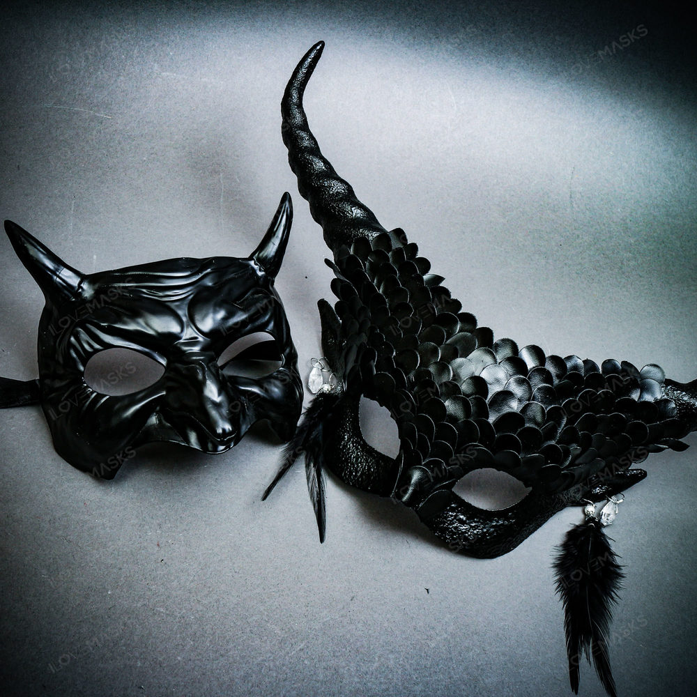 Man Black Demon Eye Mask w/ Long Horns Black Devil Women Halloween Party Mask